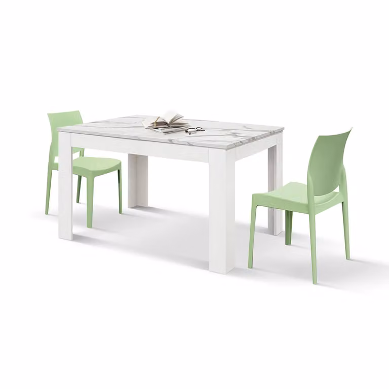 Tavolo LIPARI in legno, finitura bianco statuario e base bianca, allungabile 140×90 cm – 220×90 cm