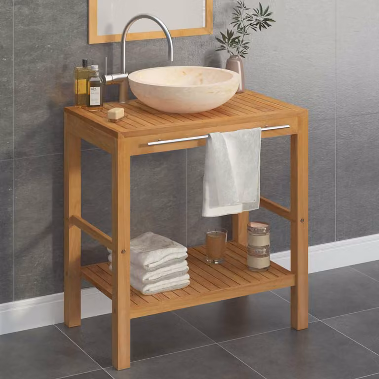 vidaXL Armadietto da Bagno Moderno in Legno di Teak e Pietra, Beige e Marrone