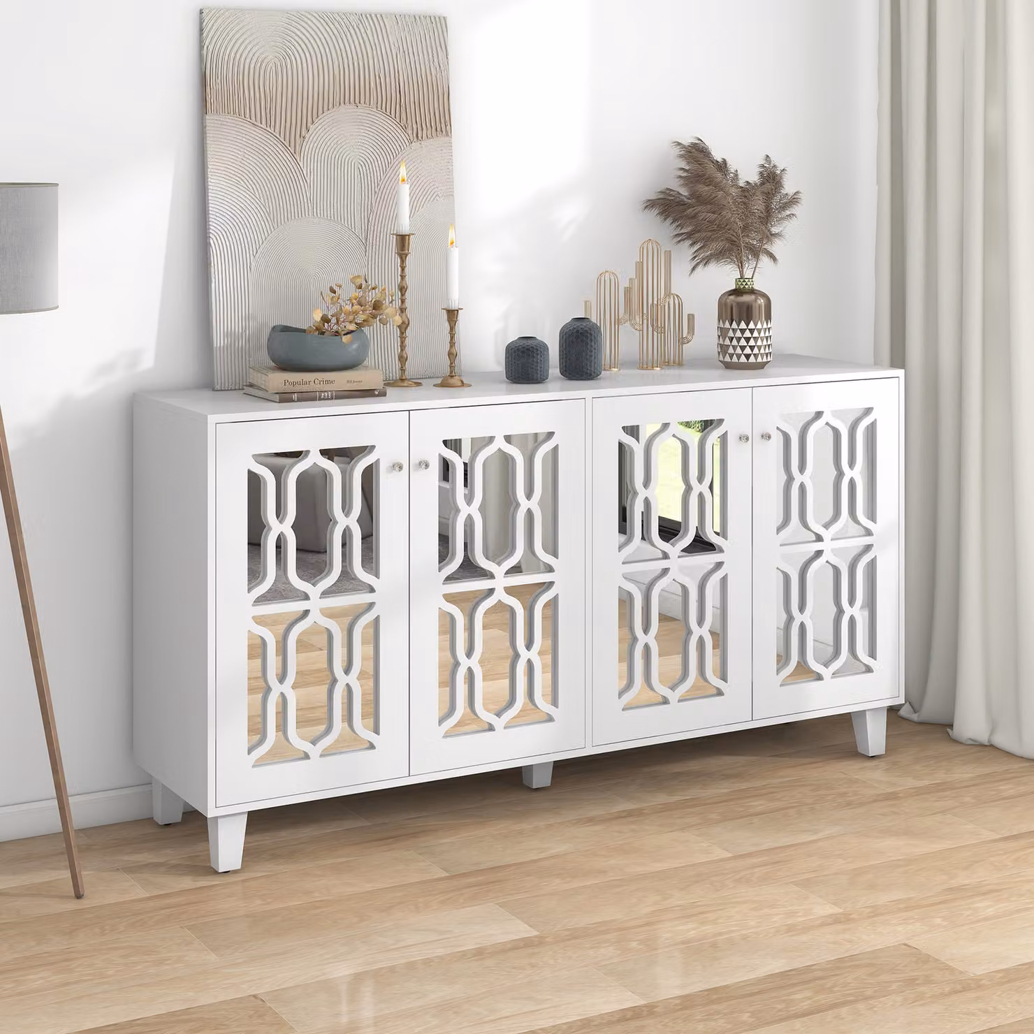 Credenza STILVORA con eleganti maniglie in cristallo, cassettiera con quattro ante in laminato mobile, per soggiorno e sala da pranzo