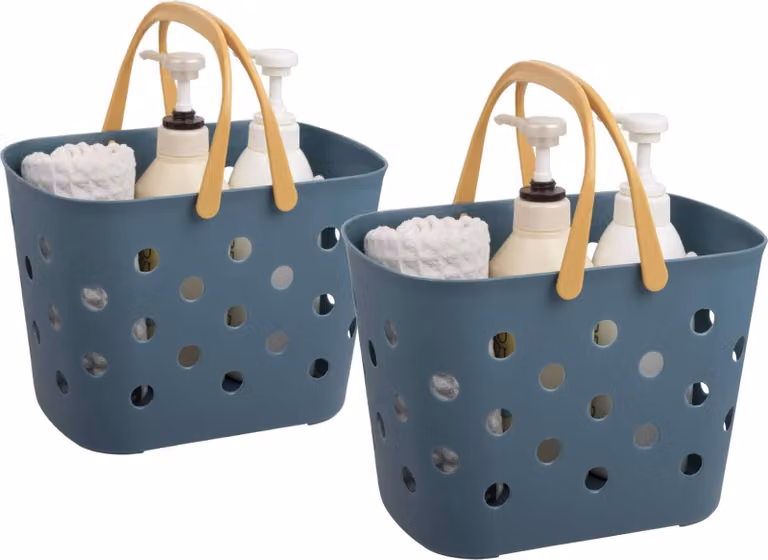2 cestini portasciugamani portatili in plastica con manico, per il bagno o la residenza universitaria, blu