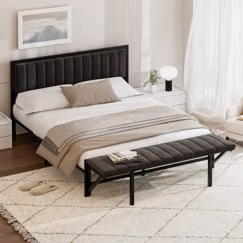Letto imbottito AIORBER, 160x200 cm, con poggiapiedi pieghevole, ampio spazio di archiviazione, velluto, morbido e confortevole, letto matrimoniale, struttura del letto in ferro, robusto, nero