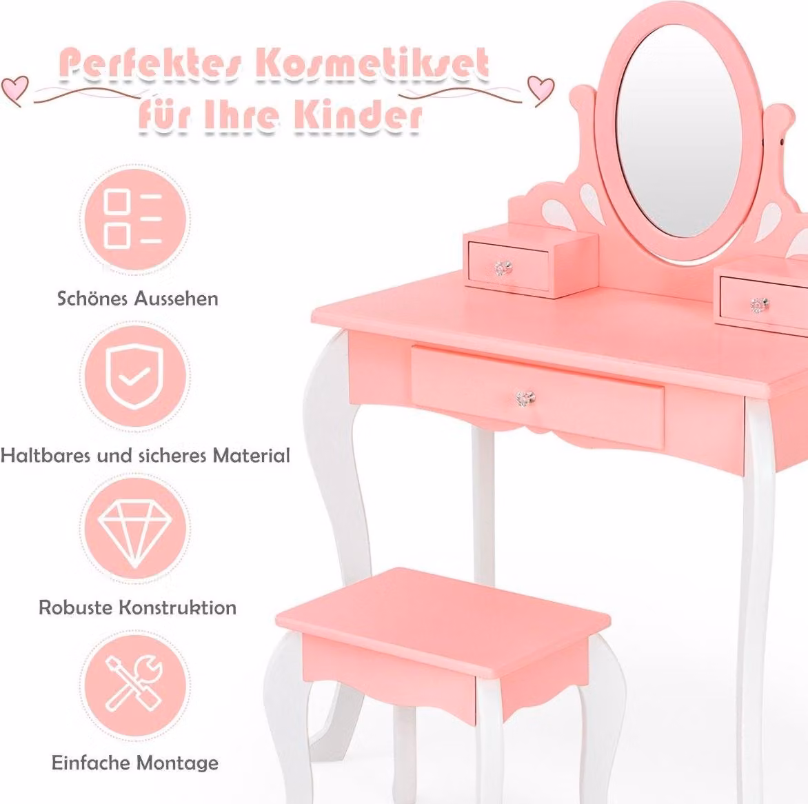 Toilette per bambini con sgabello Toilette principessa con 3 cassetti e specchio rosa