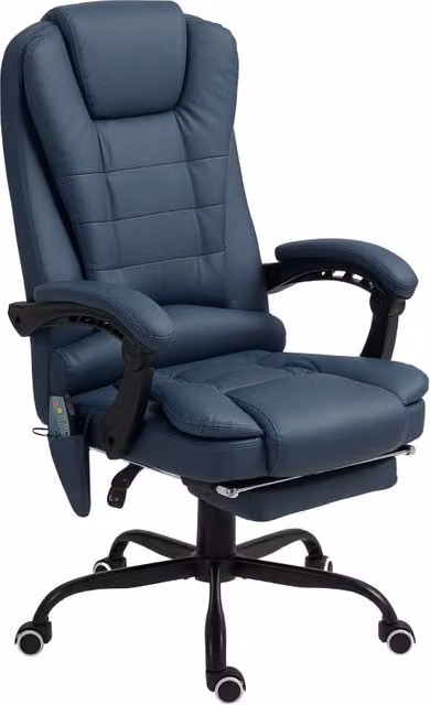 Sedia da ufficio massaggiante Chicfurn in similpelle blu con poggiapiedi reclinabile, rotazione 360 e cuscino lombare – 1