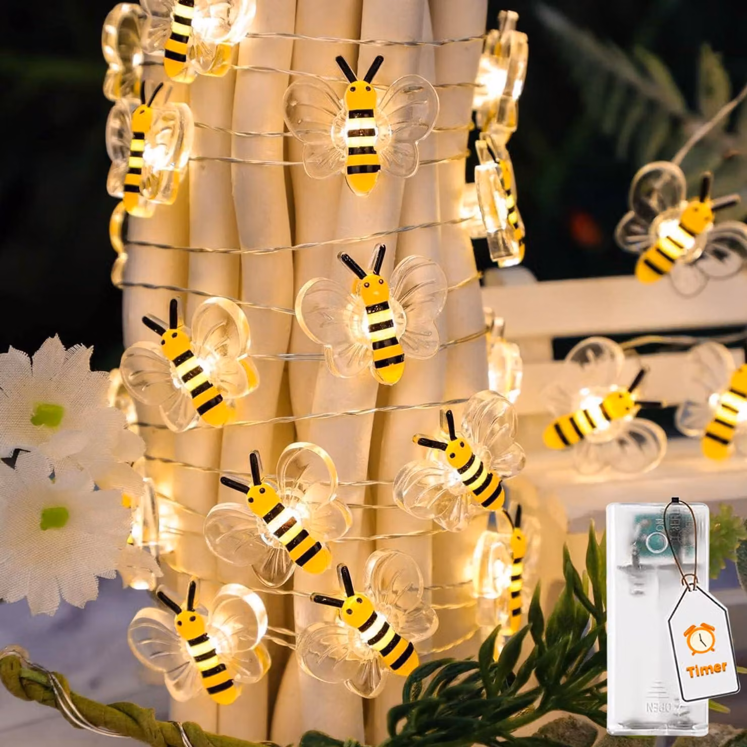Catena luminosa a LED con forma di api, lunghezza 3 metri, 30 api, con timer, alimentata a batteria