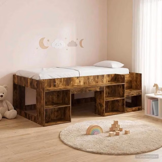 Letto Singolo Rialzato per Bambini vidaXL con Ripostigli Laterali in Legno Marrone L: 203 cm, P: 120 cm, H: 90 x 200 cm