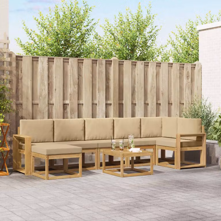 Set di divani da esterno vidaXL a forma di L con tavolo da caffè e pouf, 8 pezzi, in legno di acacia e poliestere bianco e beige