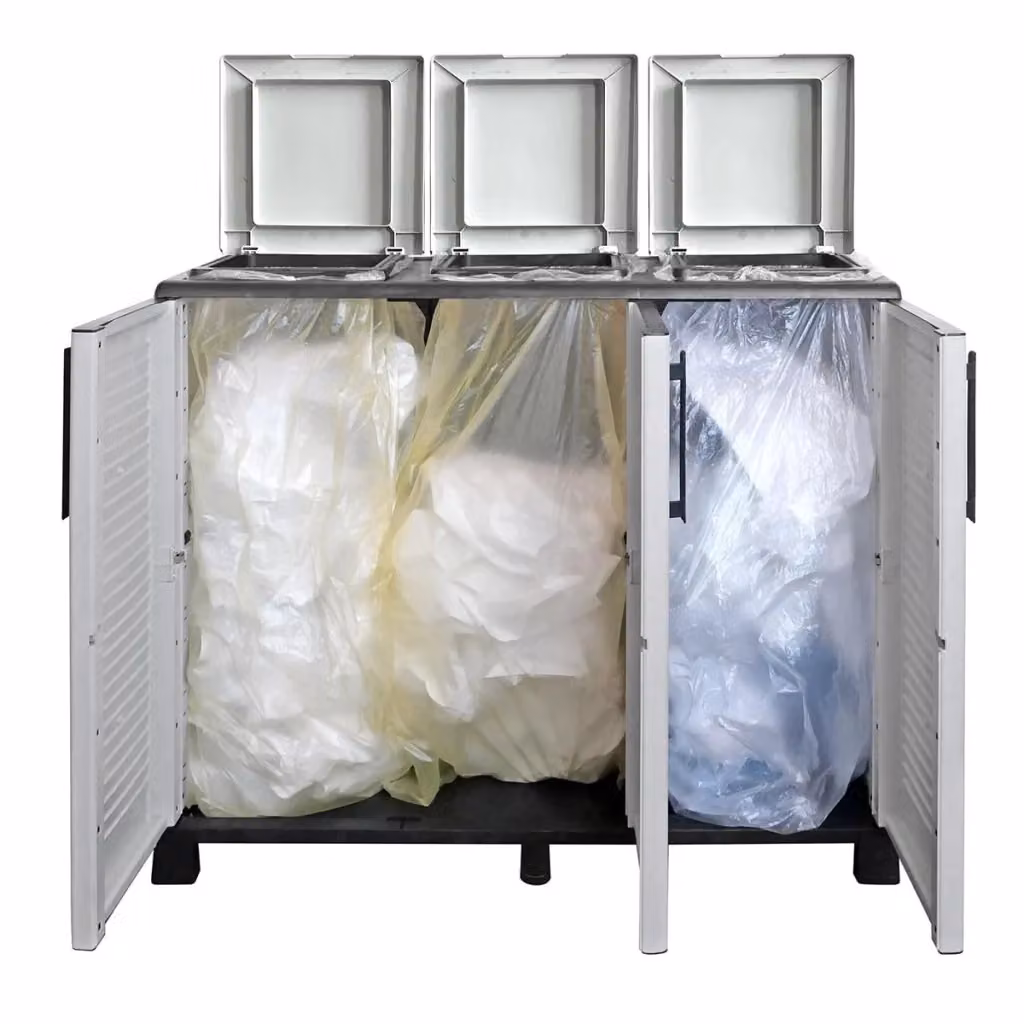 Pattumiera Art Plast a 3 ante con coperchio a ribalta in acciaio e plastica, colore grigio, L: 102 cm, P: 37 cm, H: 90 cm – 2