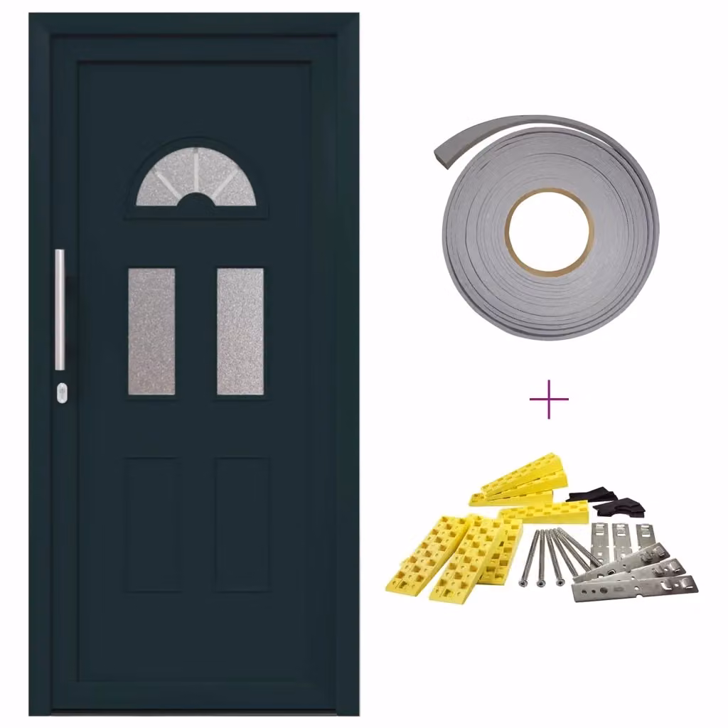 Porta Frontale Moderna vidaXL in PVC Antracite con Inserti in Vetro L: 88 cm, H: 200 cm – 2