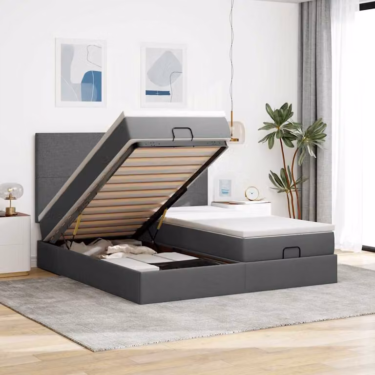 Letto matrimoniale moderno vidaXL con contenitore a sollevamento, illuminazione sottostante e porta USB, in tessuto grigio e bianco, L: 180 cm, P: 200 cm, H: 128 cm