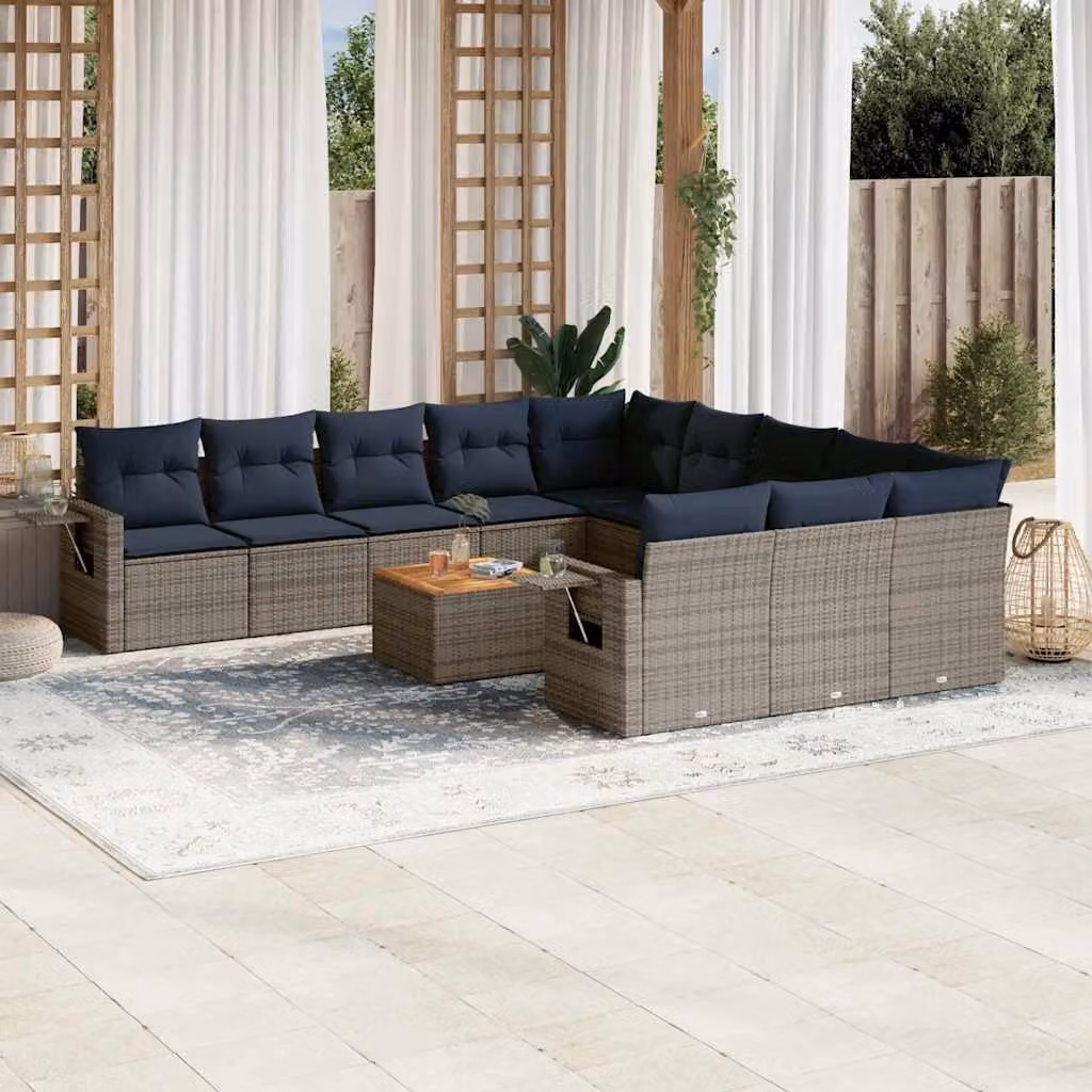 Set di divani da giardino vidaXL in polyrattan con cuscini, componibile a L, grigio e blu