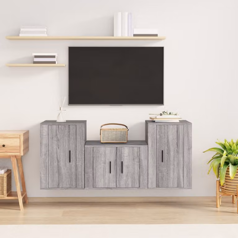Set di mobili porta TV da soggiorno vidaXL in legno multistrato grigio, design moderno a parete, 3 pezzi