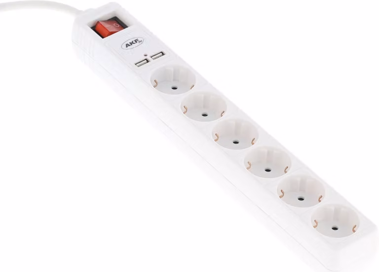 Striscia di alimentazione a 6 vie con interruttore a levetta, 2x USB, presa multipla, presa di corrente