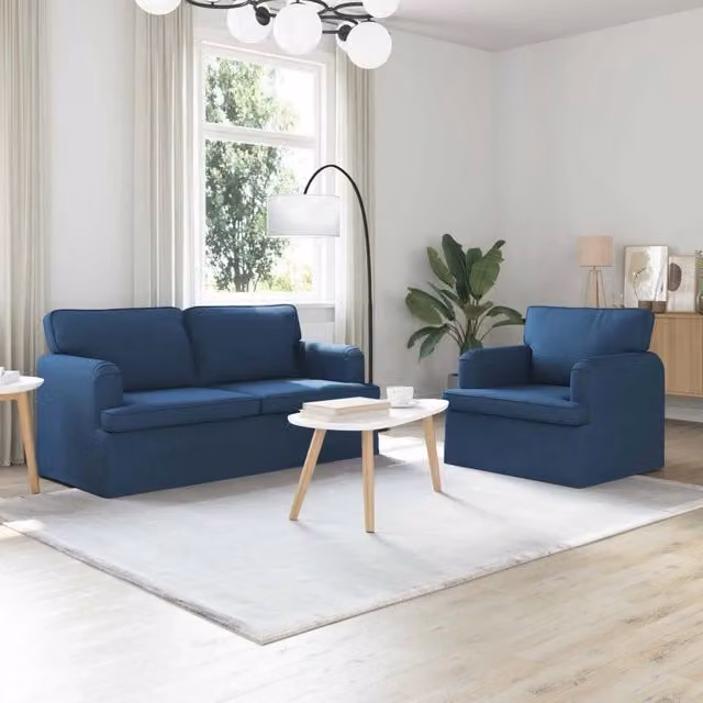 Set di 2 divani moderni vidaXL in tessuto blu con struttura in metallo e coperture rimovibili – 1