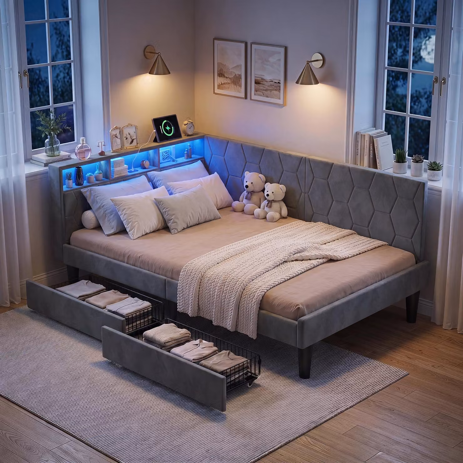 Letto imbottito UnboxG 140x200 cm con rete a doghe, letto in velluto con 2 cassetti, illuminazione LED, porta USB e porta di tipo C, divano letto 2-in-1, colore grigio