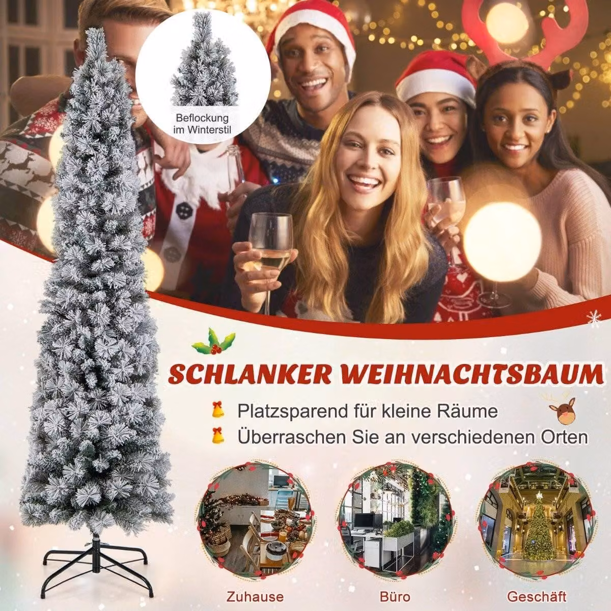 Albero di Natale da 180 cm Albero di Natale innevato con 150 luci bianche calde