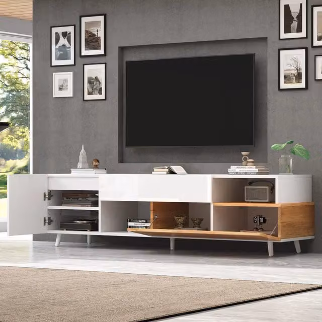 Mobile TV con 1 cassetto, 4 vani e anta a ribalta con ripiani, per soggiorno, 180×38×50 cm, in truciolare, bianco e rovere