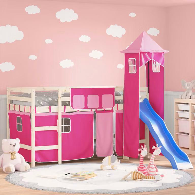 vidaXL Tende per Letto a Soppalco per Bambini con Torre, Rosa in Poliestere