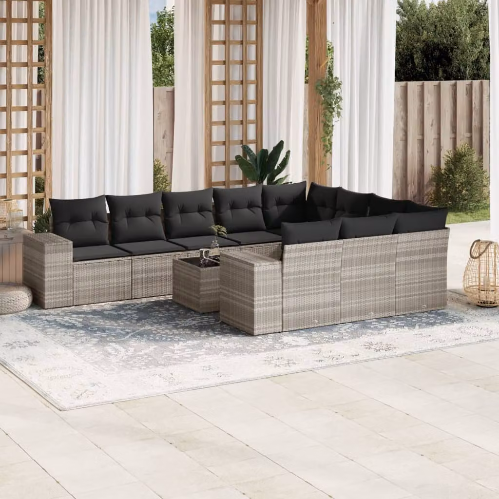 vidaXL Set Divani da Giardino a L 11 pz in Polyrattan Grigio con Cuscini e Tavolino da Caffè – 1