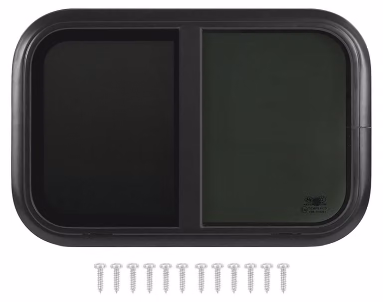 Finestra scorrevole per camper, 700 x 500 mm, in lega di alluminio nero con vetro resistente ai raggi UV e zanzariera rimovibile, per pareti con spessore da 43 a