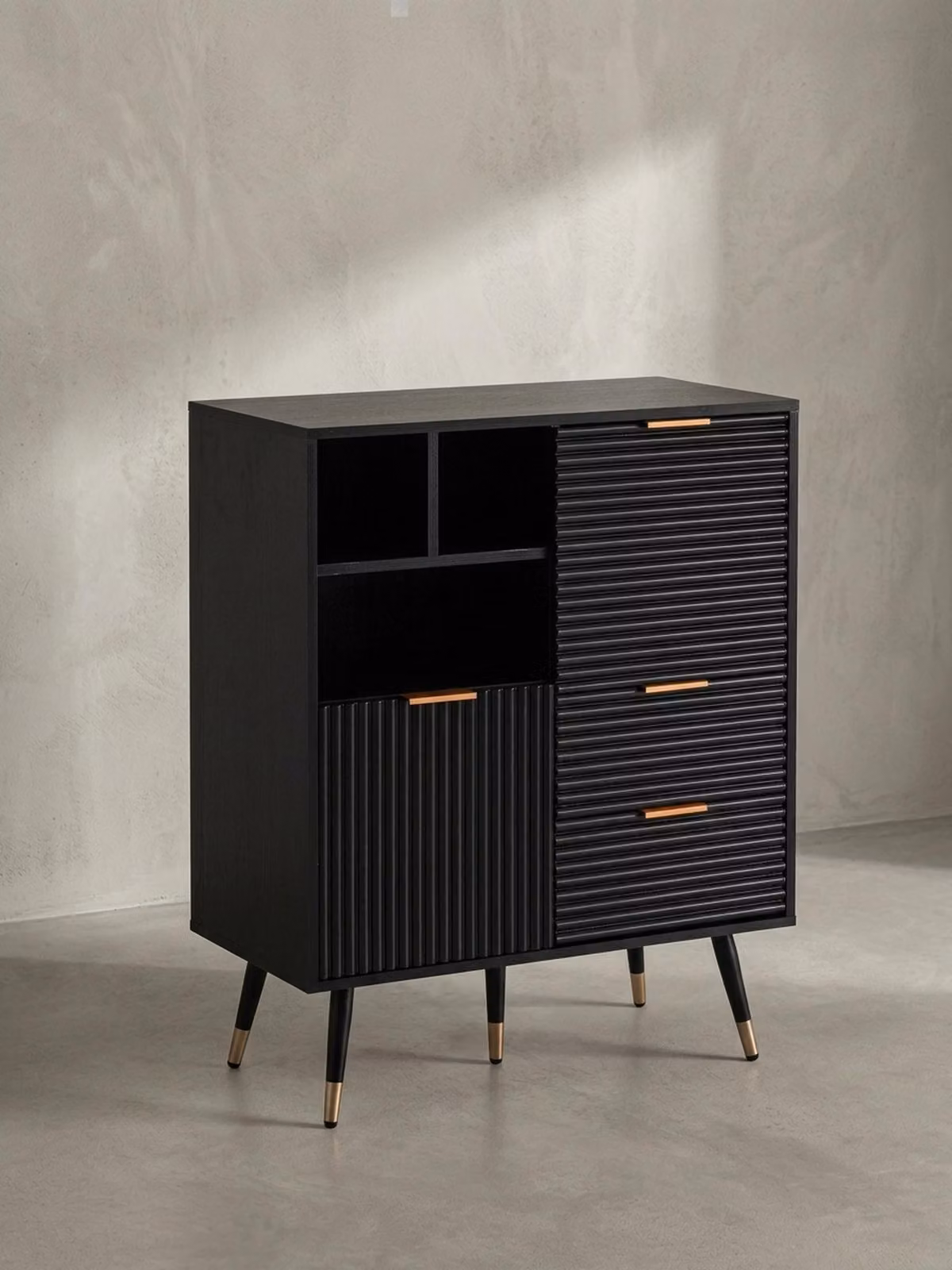 Credenza 77x97x40 cm Credenza nera con decorazione in rovere, cassettiera con ante e cassetti, cassettiera Armadio da ingresso con ripiano Moderno, armadio a colonna per soggiorno con gambe in metallo