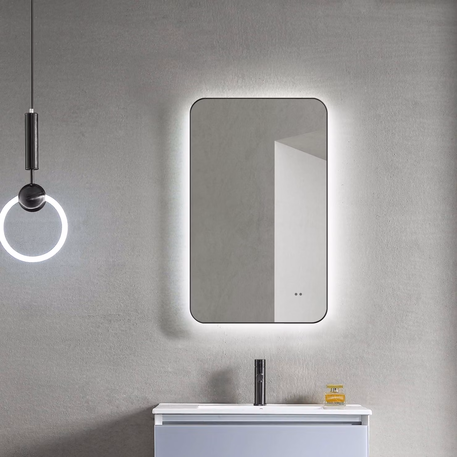 Specchio da bagno a LED, 70x43 cm, colore nero opaco, sensore a onde radio, cornice in alluminio