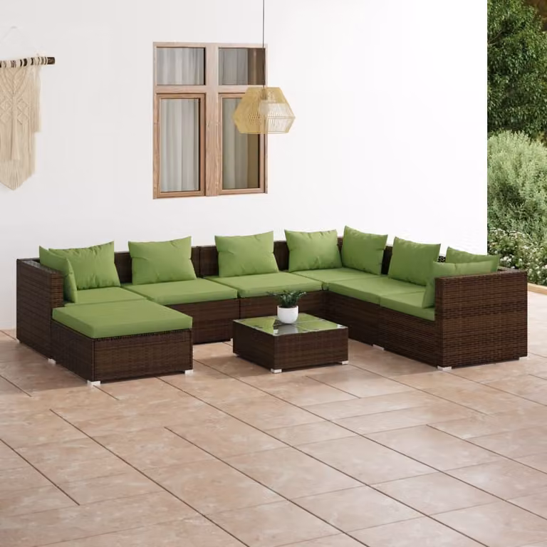 The Living Store Set salotto da giardino 8 pezzi con cuscini in poly rattan marrone