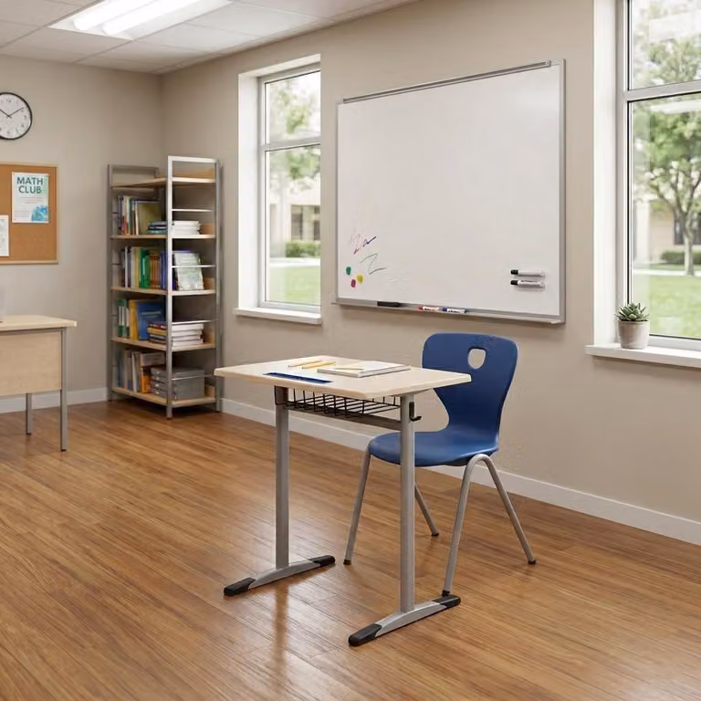 Set scolastico moderno ed ergonomico: scrivania da scuola grigia, sedia blu, scrivania singola