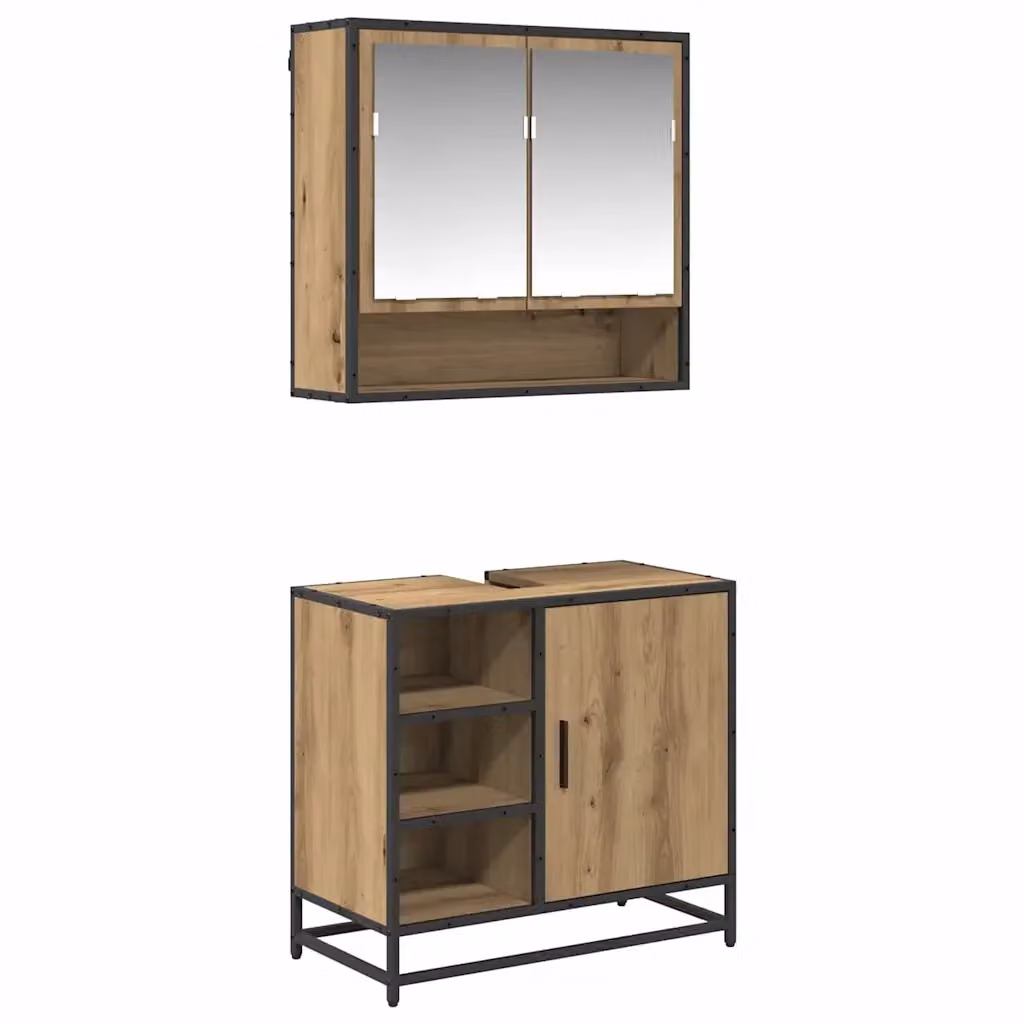 Set di mobili da bagno moderni vidaXL in legno rovere e metallo nero, composto da mobile lavabo, pensile con specchio e colonna, finitura lucida – 2