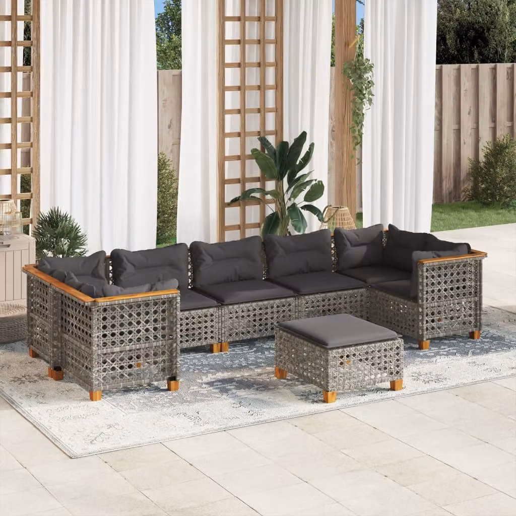 vidaXL Set Divano da Giardino 8 pz in Polyrattan Grigio con Cuscini e Ottoman – 1