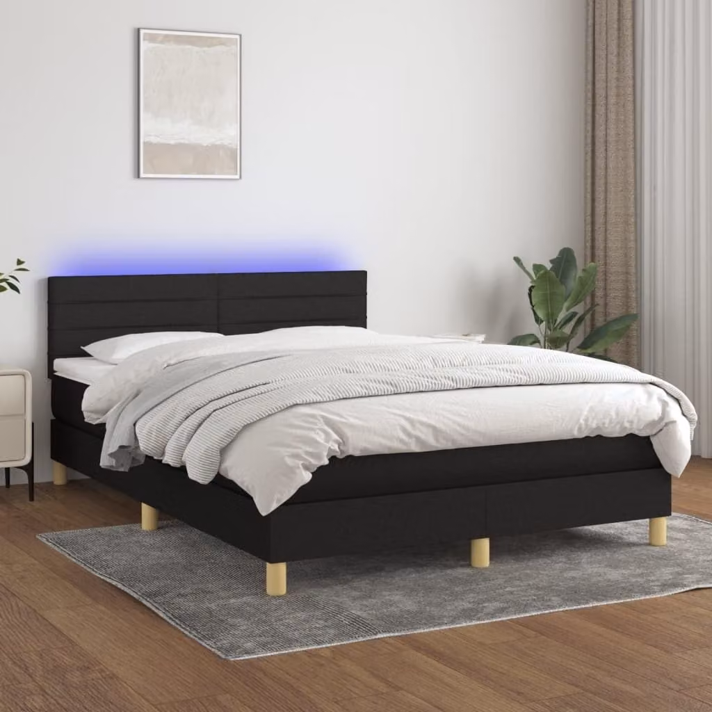The Living Store Letto a molle con materasso e LED nero 140x190 cm in tessuto