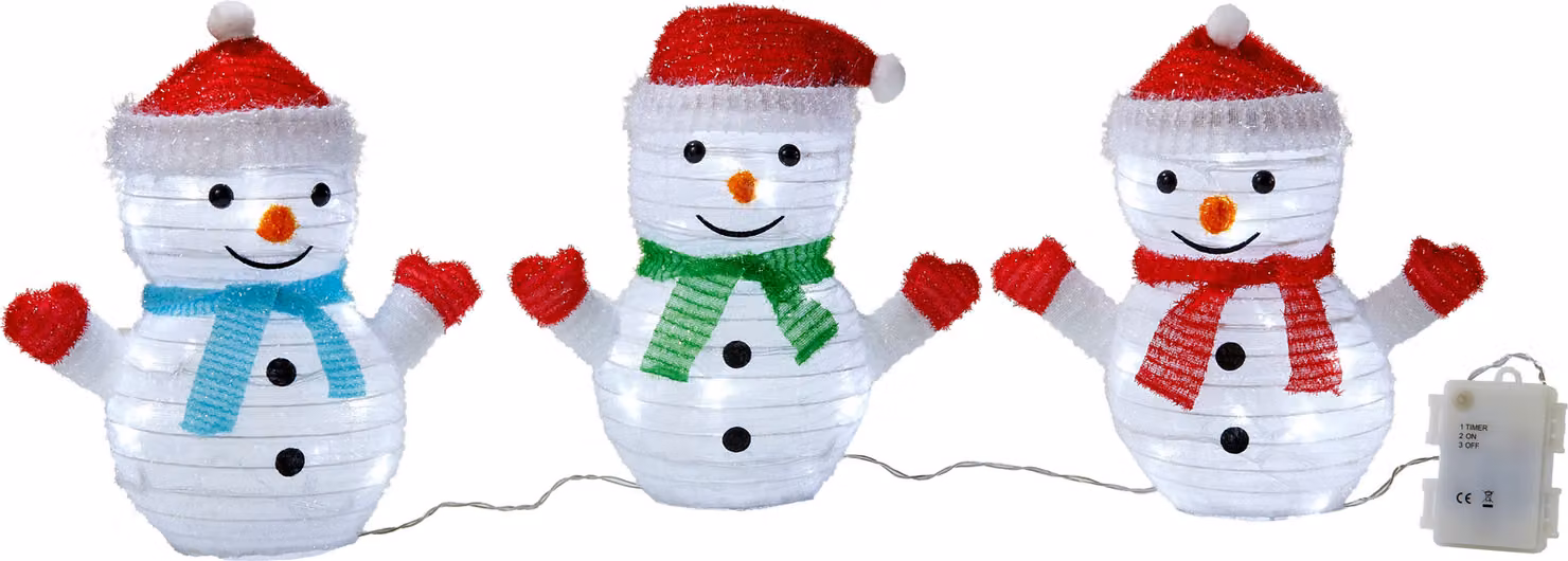 Figure natalizie a LED Northpoint con timer integrato, set da 3 pupazzi di neve