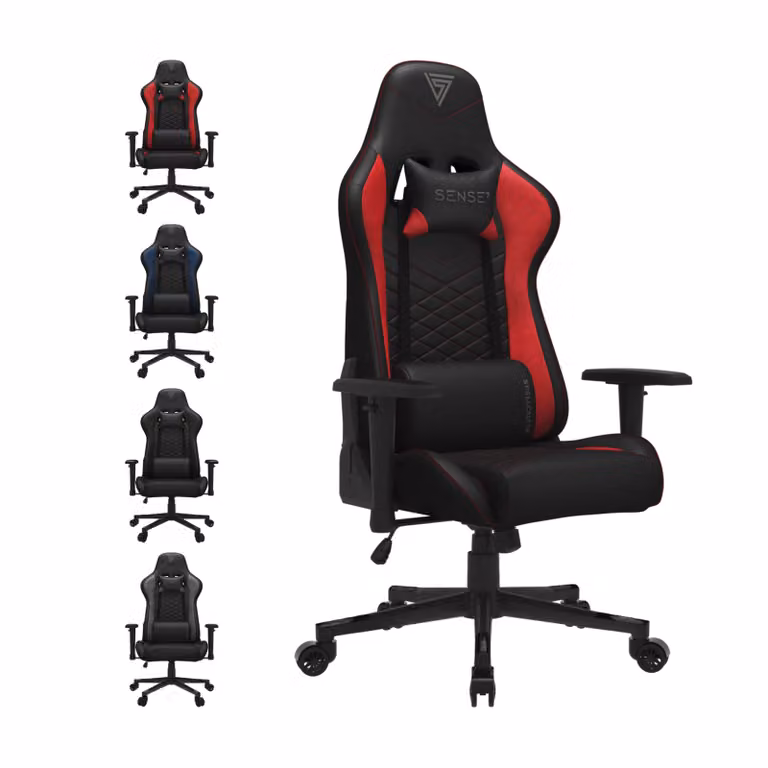 Sedia da gaming SENSE7 Spellcaster in ecopelle nera e rossa - Sedia da ufficio ergonomica, sedia da scrivania per PC, sedia da gaming, portata 150 kg, braccioli 2D, reclinabile a 160°