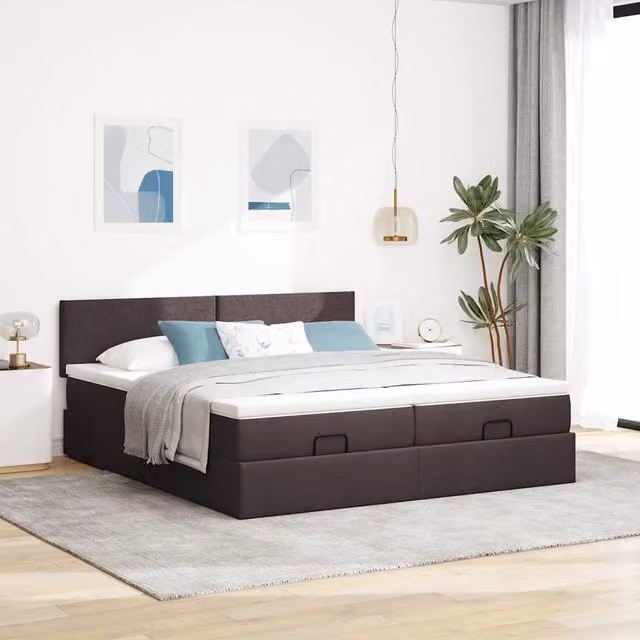 Letto con contenitore a sollevamento vidaXL in tessuto marrone e bianco L: 200 cm, P: 200 cm, H: 280 cm