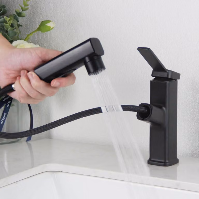 Miscelatore per lavabo da bagno, nero, estraibile, con 3 tipi di getto, forma rettangolare