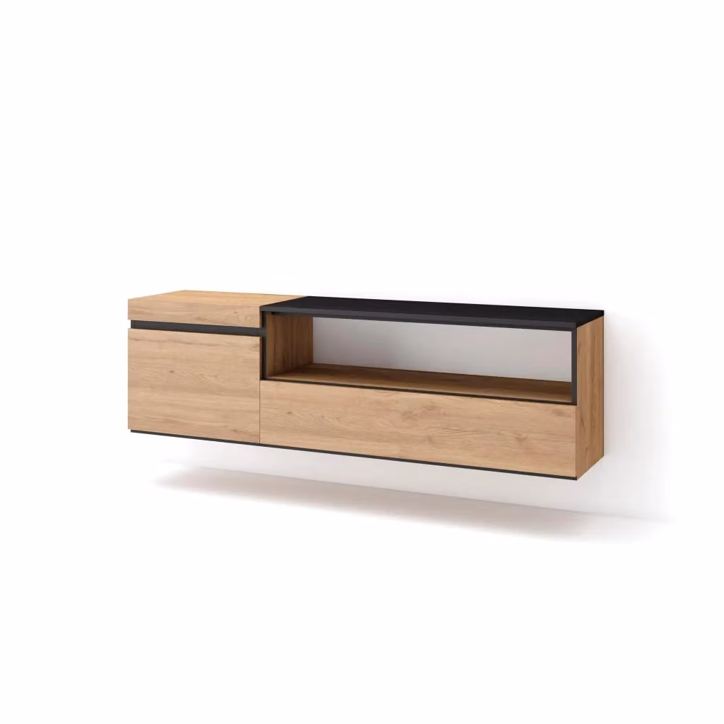 Mobile TV da soggiorno SKRAUT HOME, sospeso, per TV fino a 65 pollici, Rovere e Nero, L 150 cm x P 35 cm x H 45 cm – 2