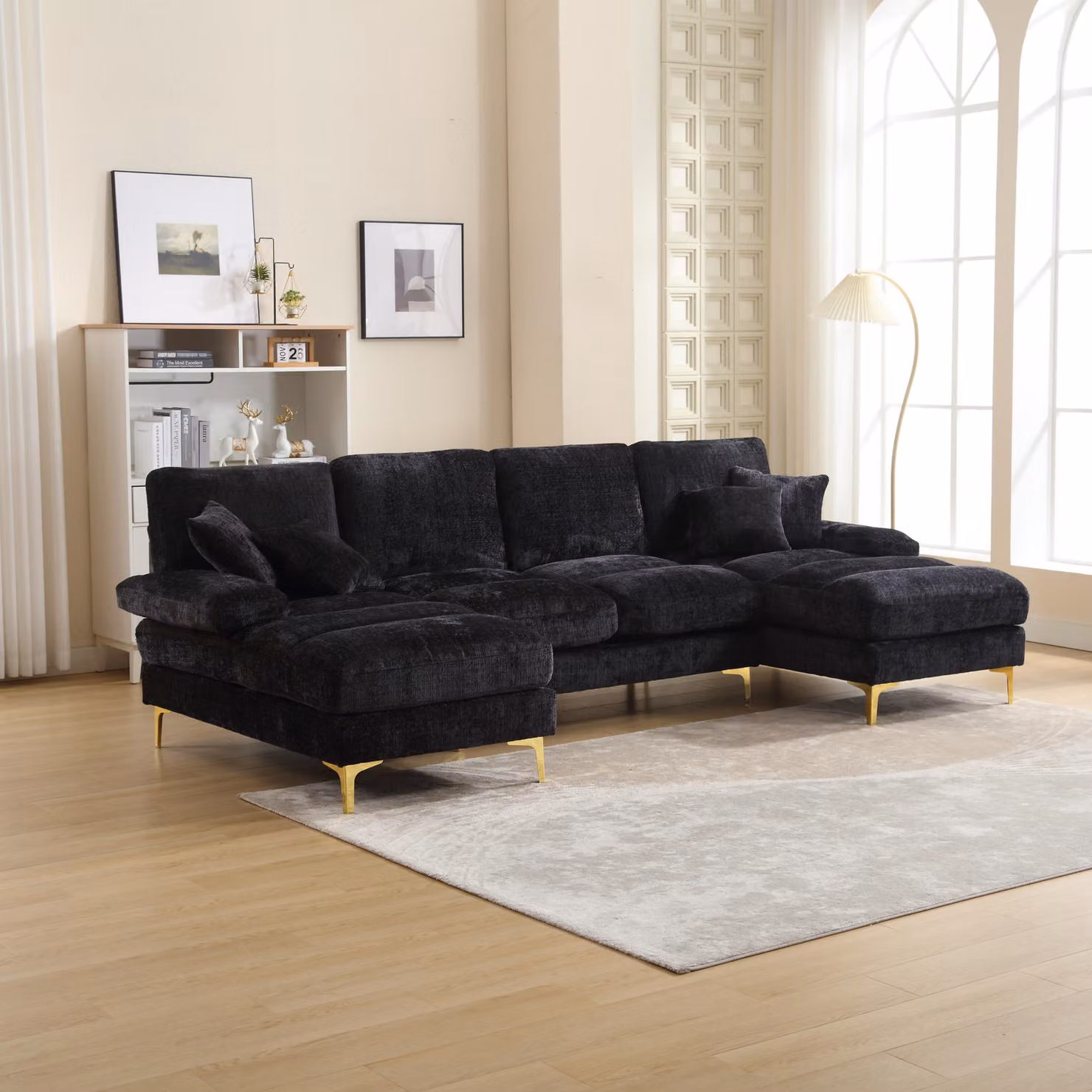 Divano letto STILVORA con gambe in metallo, divano angolare modulare per soggiorno, camera da letto e ufficio, imbottito con doppia panca, colore nero