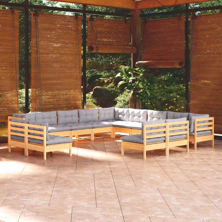 Set di divani da giardino vidaXL a forma di U in legno massello di pino con cuscini grigi