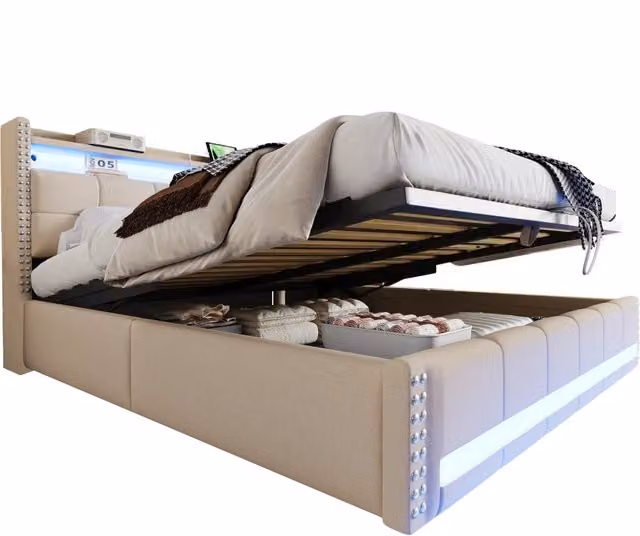 Letto matrimoniale imbottito con contenitore idraulico, illuminazione LED, porta USB e mensola integrata, tessuto beige, L/P/H: 180 x 200 x 115 cm – 1