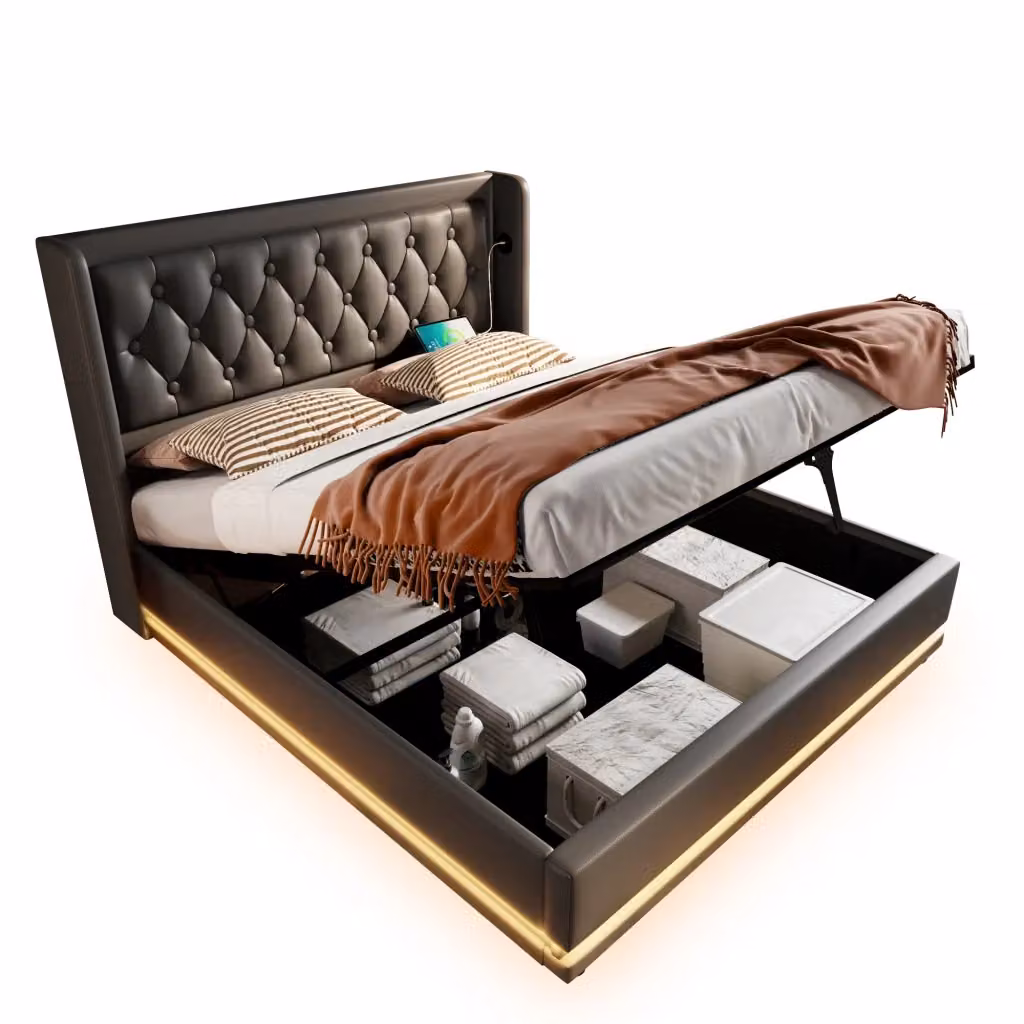 Letto Matrimoniale Contenitore Nero con Luci LED e Porte di Ricarica USB e Type-C L/P: 180 x 200 cm – 2