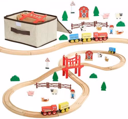 VEVOR Trenino in Legno per Bambini con 39 Pezzi, Set di Treni Magnetici Multicolore e Accessori Ferroviari Compatibili con le Principali Marche
