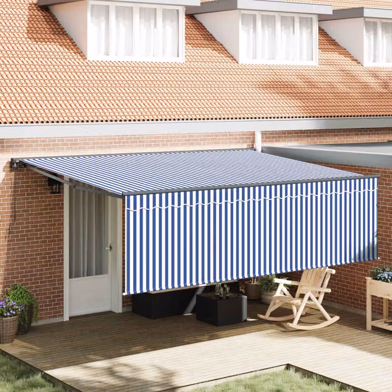 Tenda retrattile vidaXL con bracci pieghevoli in blu e bianco, L: 400 cm, P: 300 cm