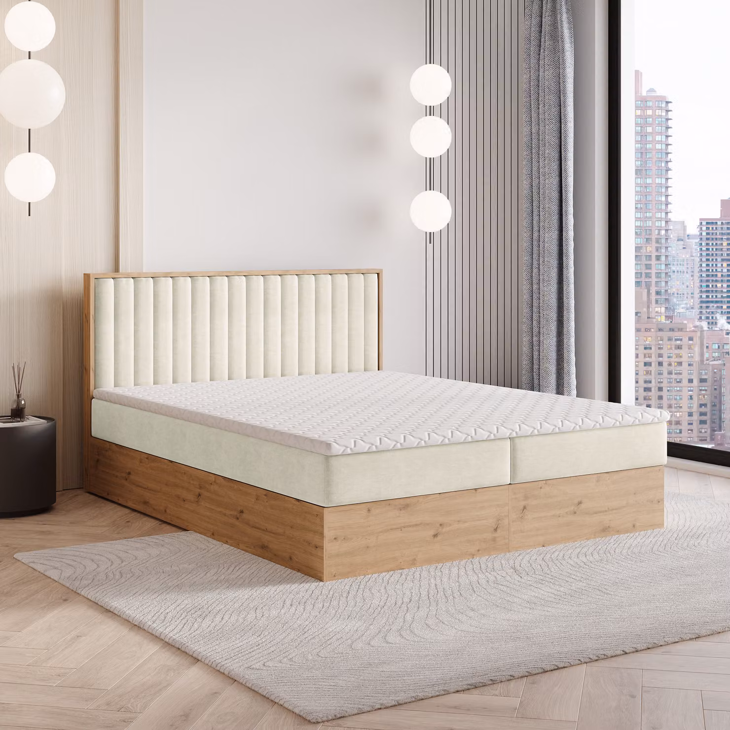 Letto a molle Masseno VARELI 160x200 cm completo di materasso e topper Bonell, letto imbottito con cassettiera - crema, SORO 02