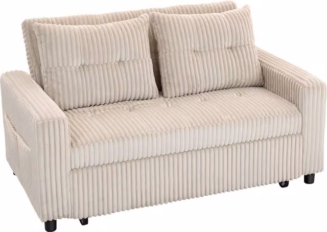 Divano letto HOMCOM a 2 posti in velluto a coste crema con cuscini e tasche laterali, trasformabile in letto 157 x 190 cm
