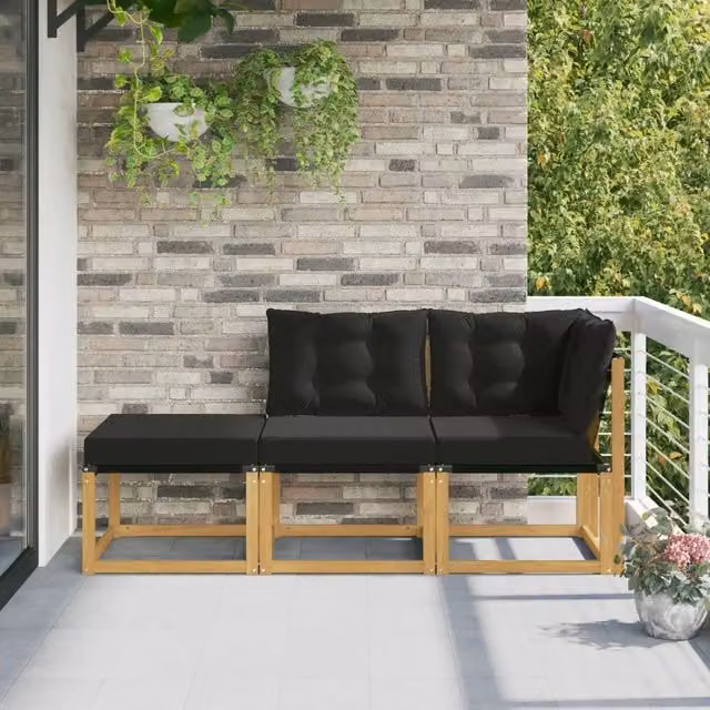 Salotto da Giardino Componibile a Forma di L con Divano 3 Posti, Elemento Angolare e Pouf, Struttura in Legno di Acacia e Cuscini Bianchi DESIGN IN
