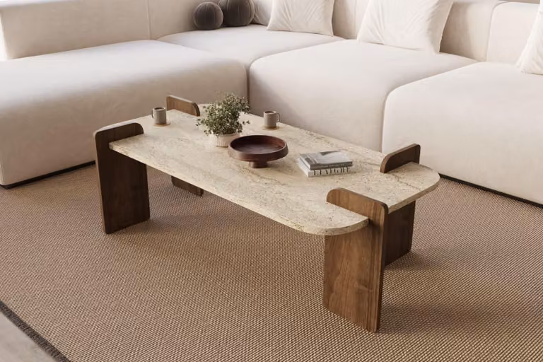 Skye Decor, Leapiri - Travertino, Noce, Tavolino, Travertino, 100% PANNELLO TRUCIOLATO RIVESTITO IN MELAMINA, 120 x 60 x 35 cm