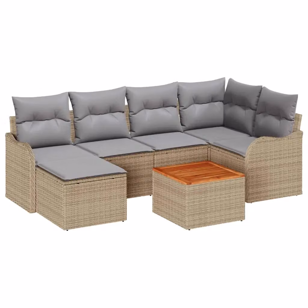 Set Divano da Giardino vidaXL 7 Pezzi a Forma di L con Tavolino e Ottoman, Colore Beige e Grigio, Struttura in Acciaio e Polyrattan – 2