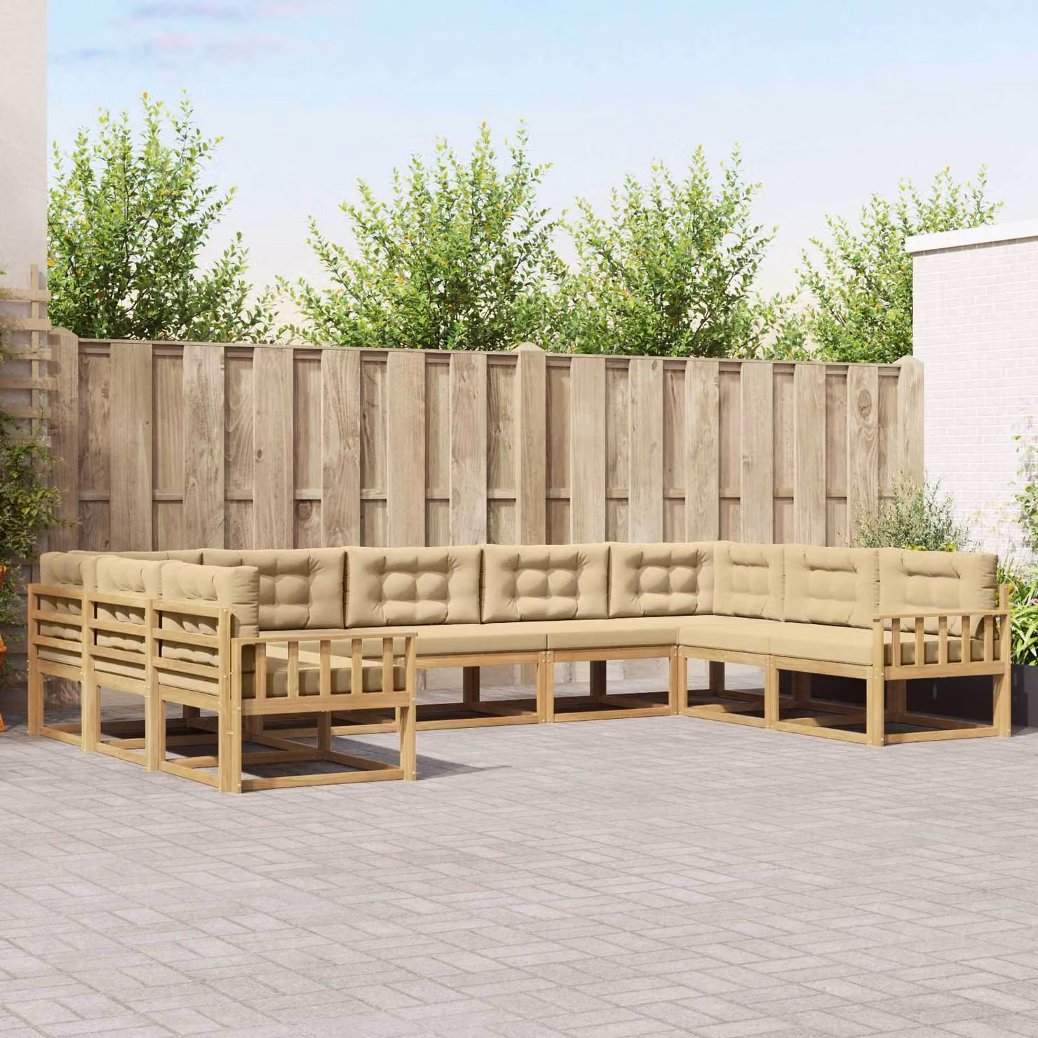 vidaXL Set di divani da esterno a forma di U composto da 9 pezzi in legno di acacia, Bianco e Beige