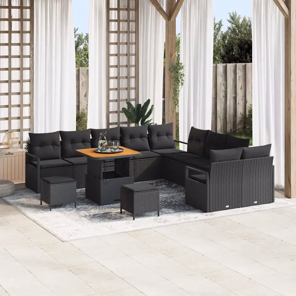 Set Divano da Giardino vidaXL 13 pz Nero con Cuscini e Tavolino da Giardino Moderno a Forma di U
