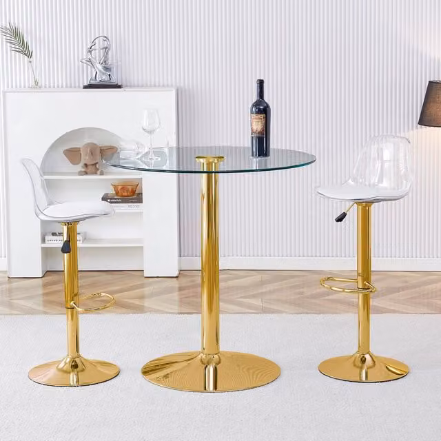 Set tavolo da bar con 2 sgabelli regolabili e girevoli in vetro metallo e plastica oro trasparente