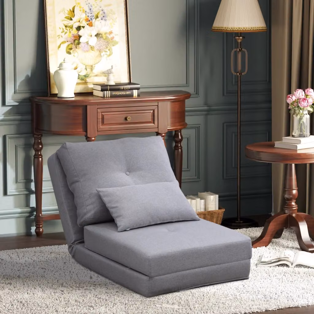 Poltrona Letto 3 in 1 Convertibile in Chaise Longue e Divano da Terra Giordanoshop Grigio con Tessuto Effetto Lino e Struttura in Metallo – 2